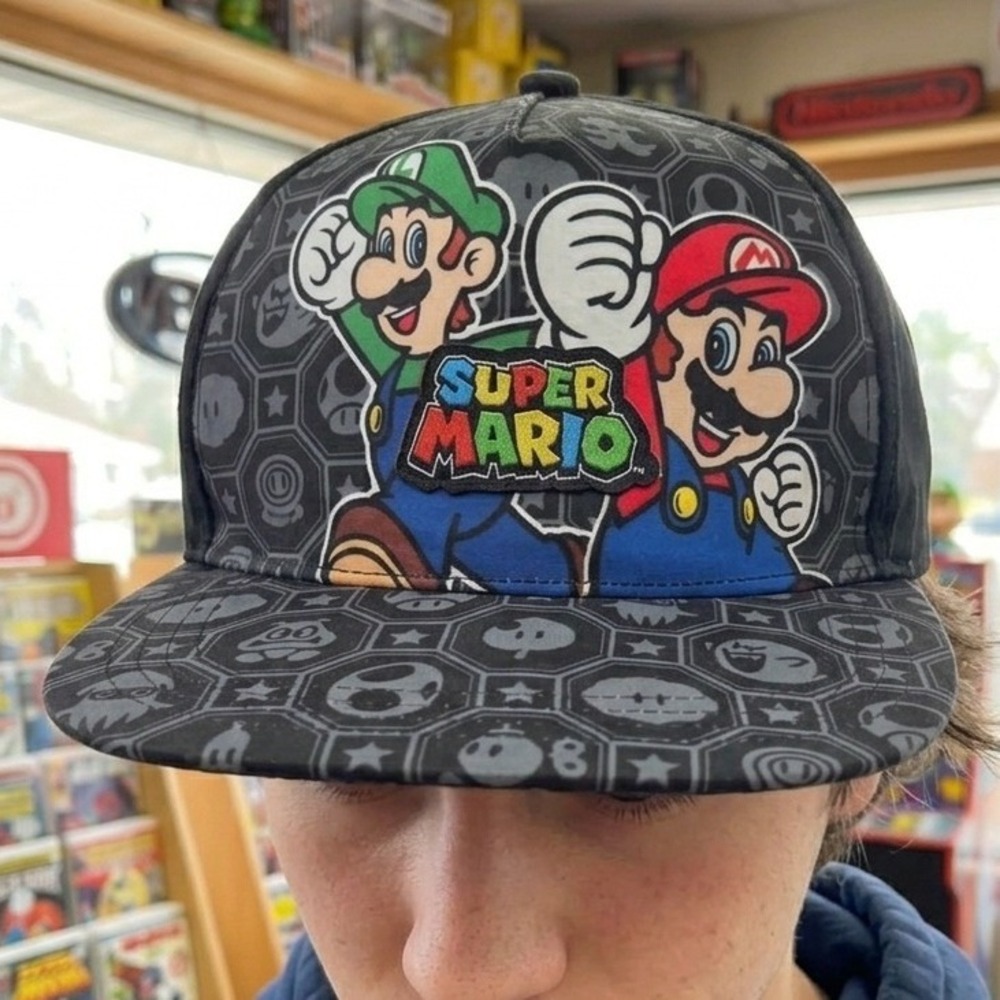 Nintendo Super Mario Luigi Snapback Hat Black Grey Hex Pattern Cap Gamer Fun